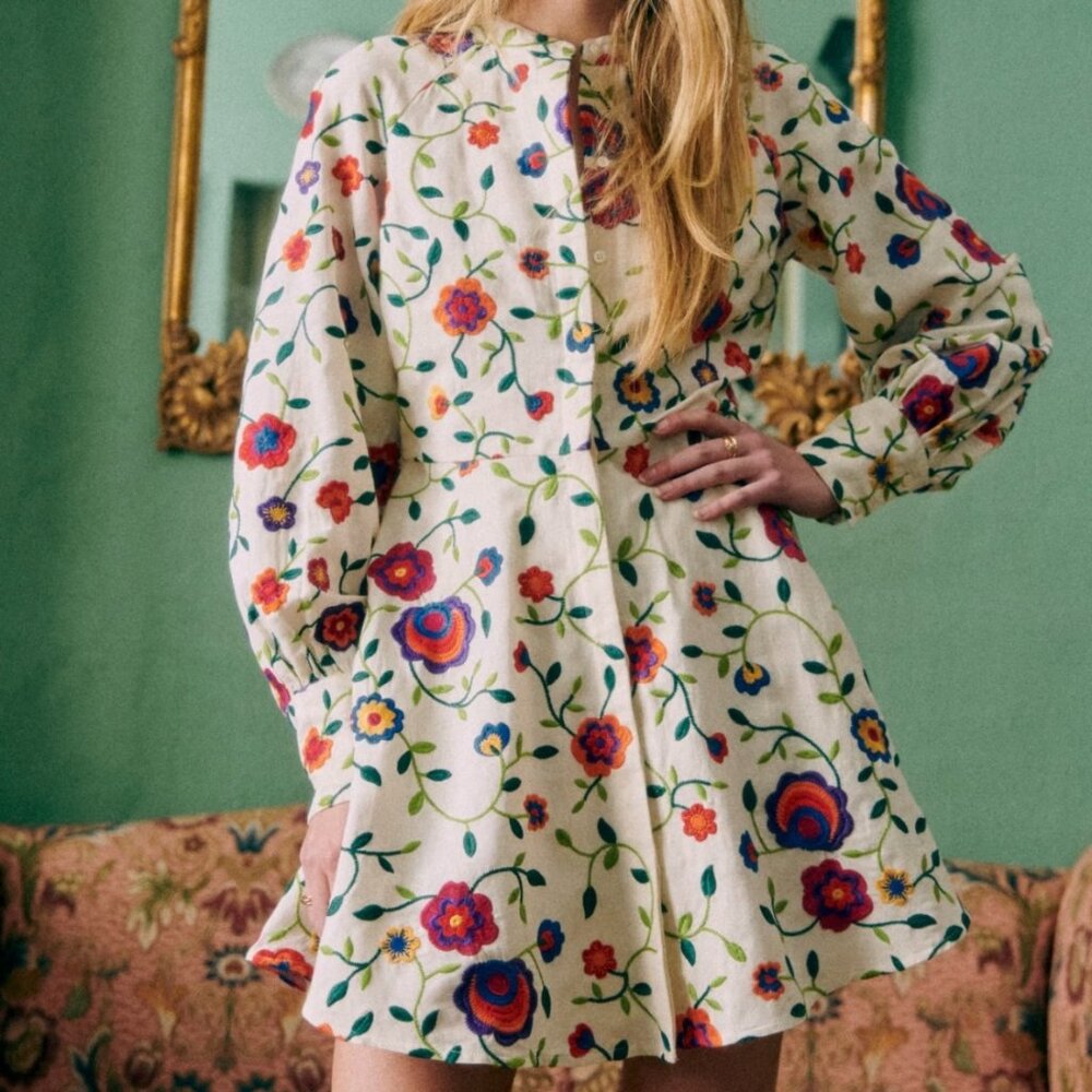 Sezane Alizia Dress - Pink Creation in Multicolour Embroidered Flowers *BNWT*